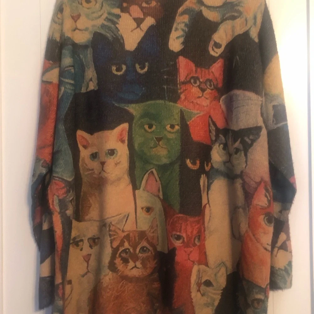 Colorful Cat Print Sweater with Various Cat Faces
